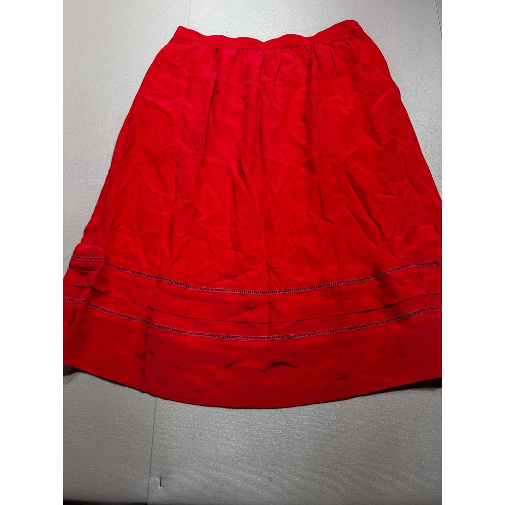Alcott & Andrews Red 100% Silk Midi Skirt‎ Ladder Lace Pleated Hem Womens 12